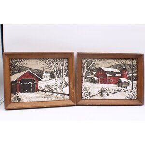 Vtg Kay Dee Linen Art Winter Scene Framed Set (2) Rustic Red Barn Bridge Decor